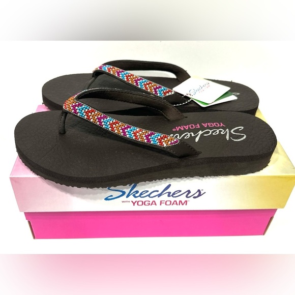 Skechers Women's Meditation Tribe Vibez Chocolate Flip Flop Sandals Size 8 - Picture 1 of 11